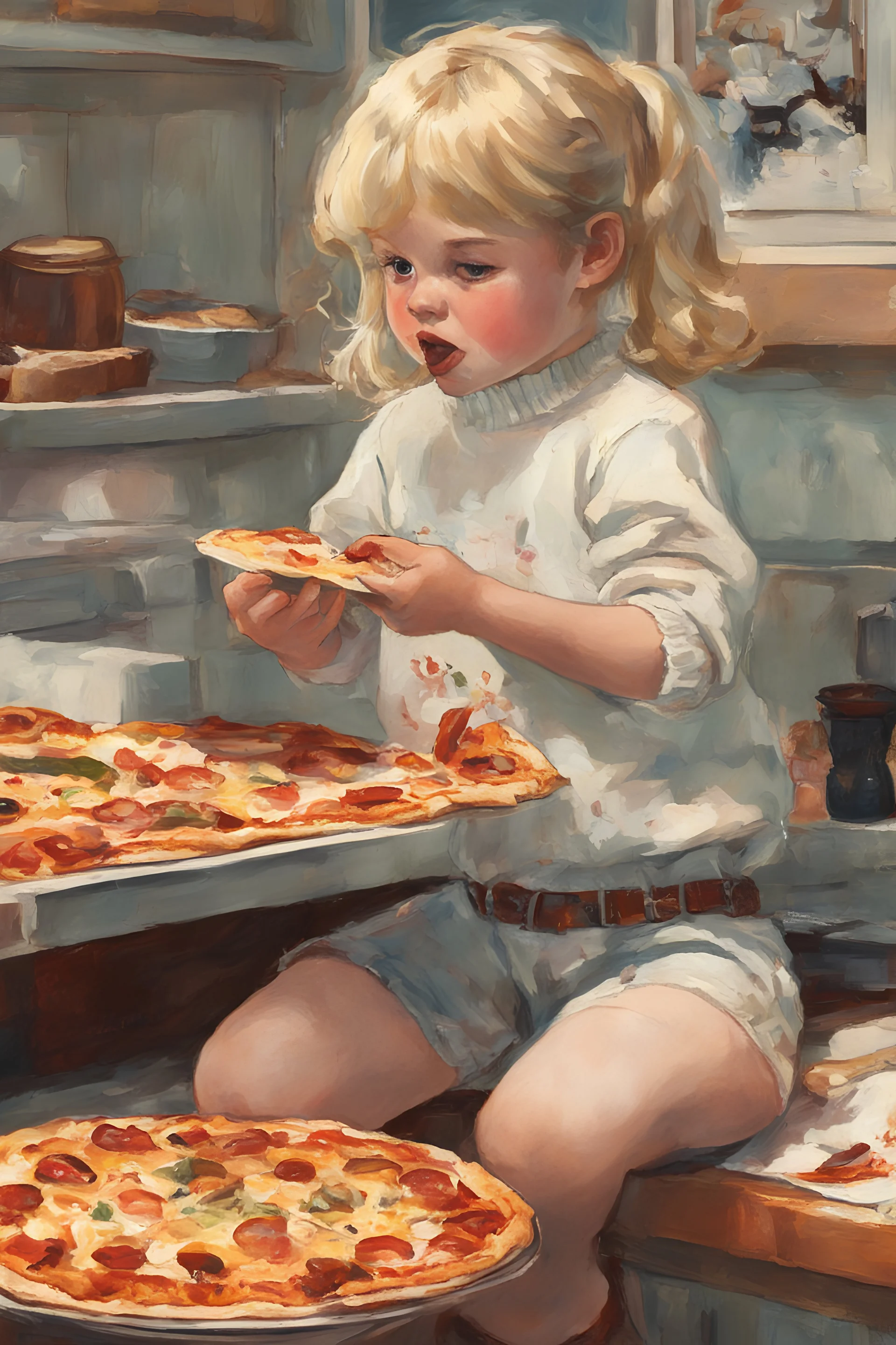 full color anime - a tiny little blonde girl in shorts and a turtleneck sweater eating a slice of pizza - digital art by Norman Rockwell