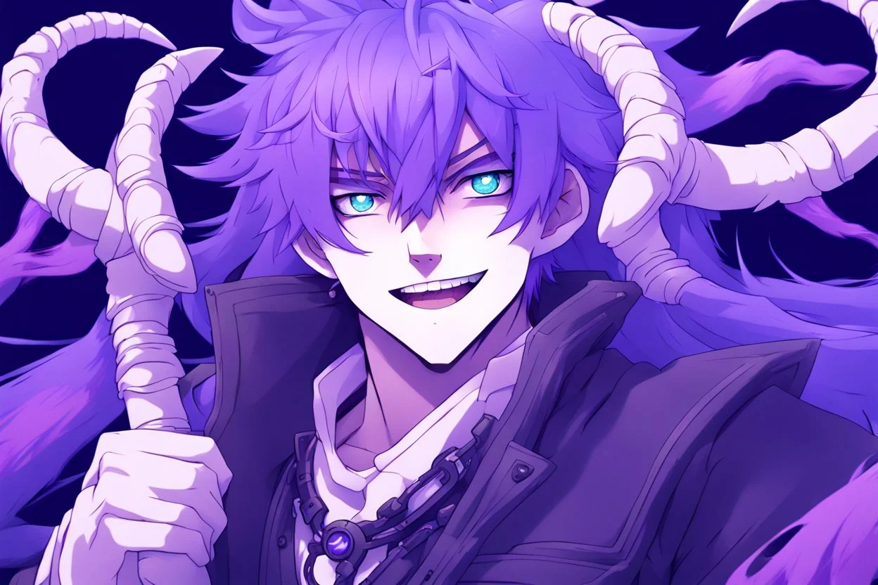 anime man with ram horns, fangs, messy purple hair and blue eyes