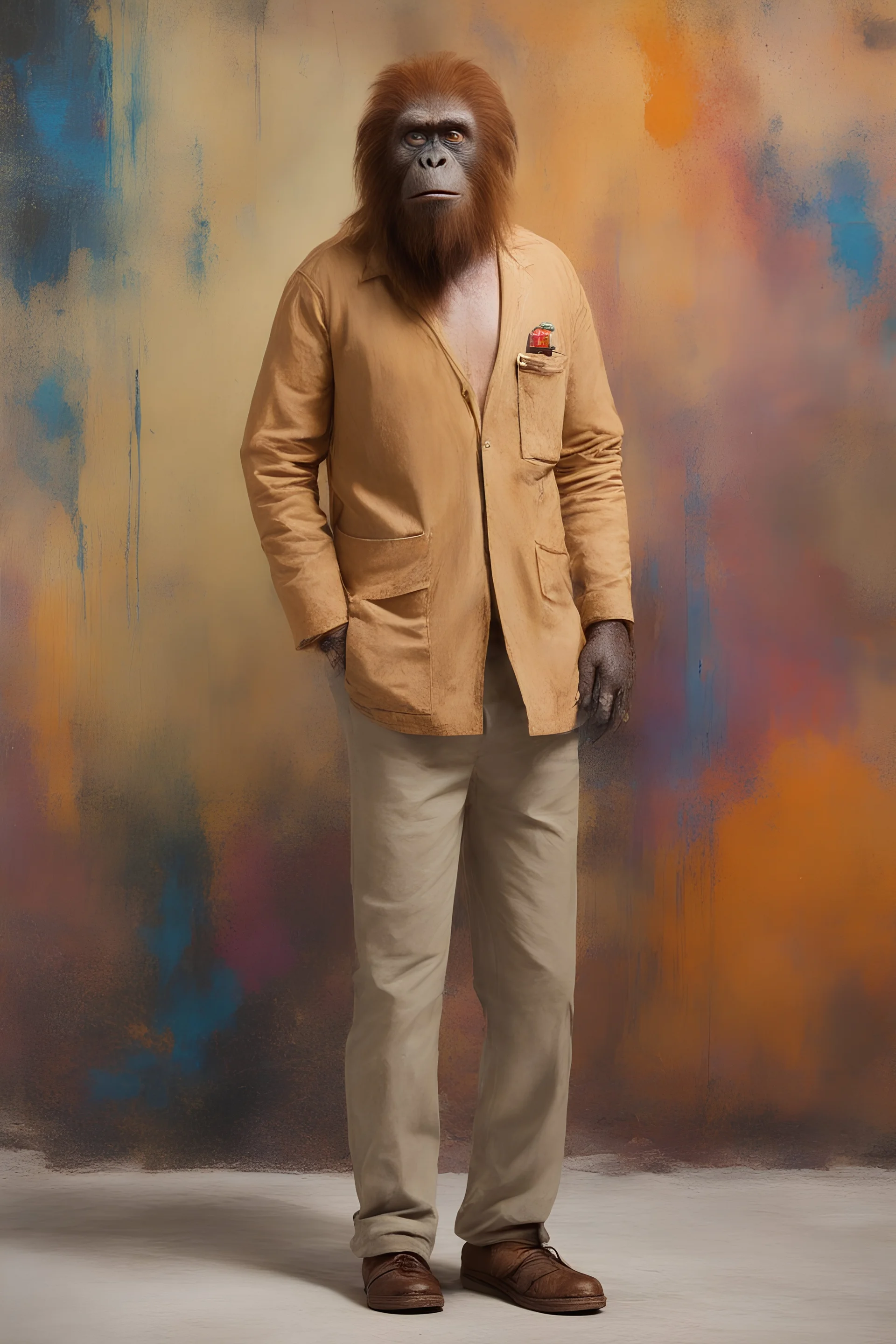 Doctor Zaius the orangutan from Planet of the Apes wearing a clean, thigh-length auburn-tan jacket, cream colored t-shirt, light auburn-tan khaki trousers and black slip-ons - extremely colorful, multicolored paint splattered wall in the background, oil painting by Leonardo da Vinci