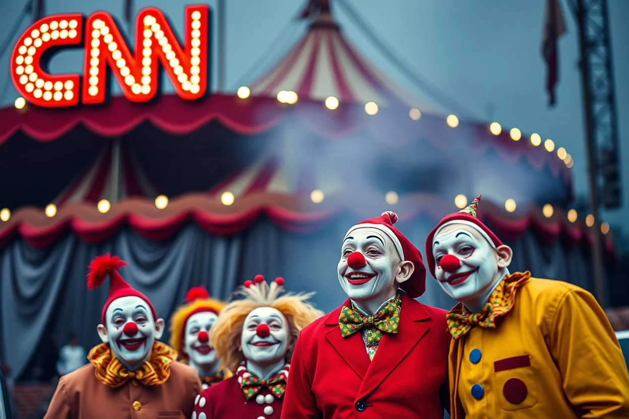 a group of clowns in front of the circus with a CNN logo