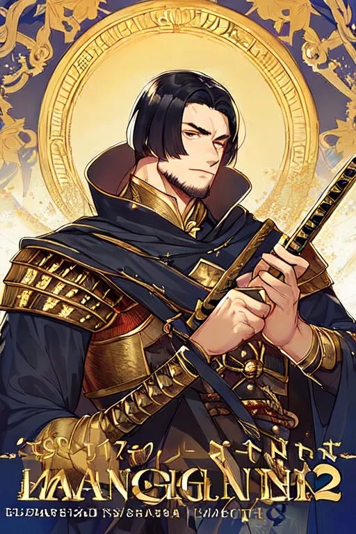 A handsome 30 year old knight, black hair, male bob haircut, in black-and-gold plate armor, golden katana in both hands, no beard, european, proper arms