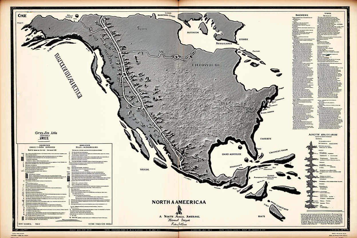 a scan of an ancient North American Cree printed road map of a fictional place that was black and white but has since been stained and weathered, uses Cree Syllabic for text