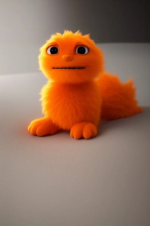 3D Cute fluffy orange soft Puppet of a baby monster, emotive eyes, electron microscope photography, 35mm lens, photorealistic, 3D, octane render, unreal engine, sweet, in the style of Pixar, white background