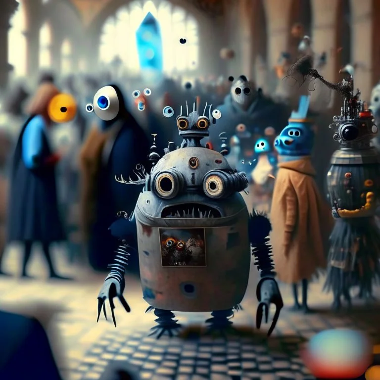 10 crazy chatbot creatures, in the internet web, in the style of Jan Steen combined with Hendrick Avercamp, blurred people in the background, shallow depth of field, where only some elements in the image are in sharp focus –ar 2:1