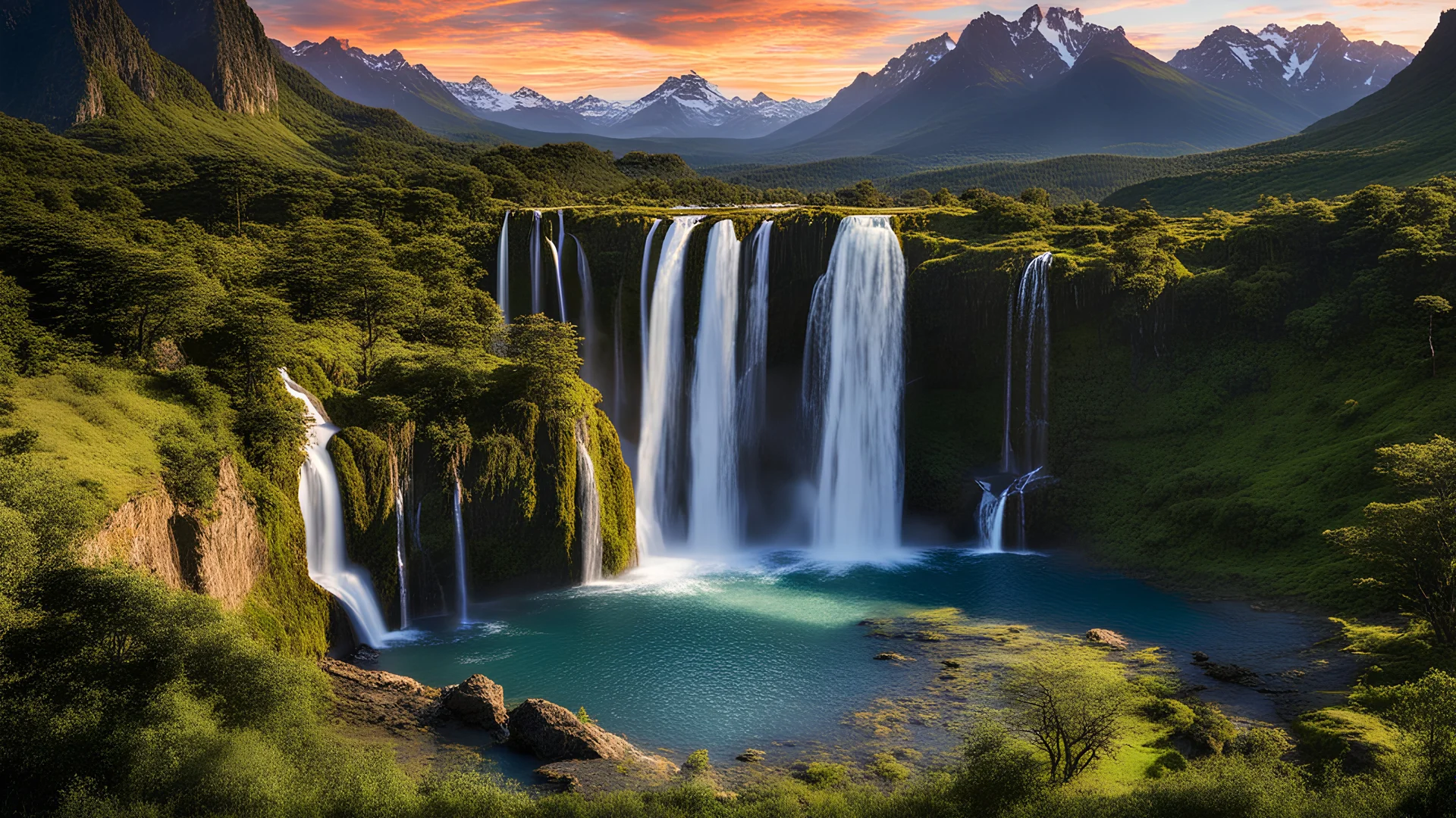 waterfalls in the center of a vast lush scenery with mountains in the far distance viewed from a level plateau at dawn