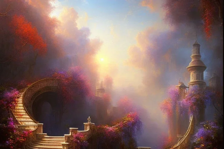 long stairway up to heaven, atmospheric, mystical, beautiful colours, romanticism, fantasy, Neo-Impressionism