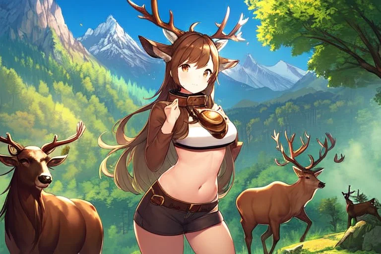 Girl,deer horns, , brown hair, deer ears, forest , mountain,collar on neck, open navel