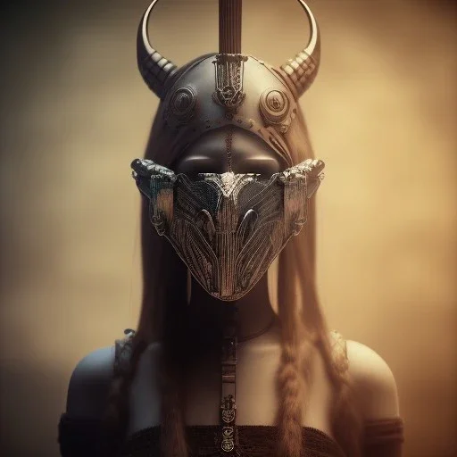 A viking girl with a mask, hr giger, scary, steam punk, realistic, made in octane, cinematic, ultra-realistic, extremely detailed octane rendering, 8K, VRAY Super Real ar 2:3, dof photorealistic futuristic 50mm lens hard lighting dark gray tintype photograph, realistic lighting, sepia color