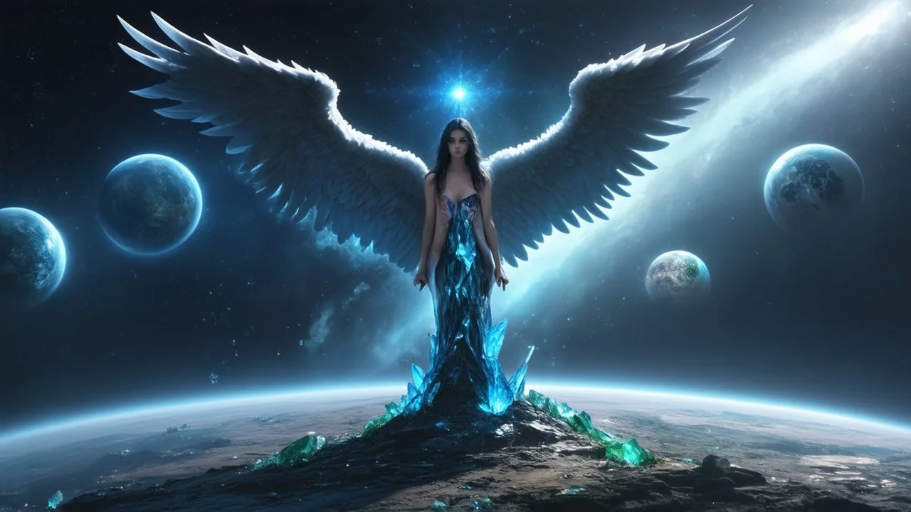 angels with a beautiful face with a wings siting on the monolith made of blue tiberium crystals of lights, matrix universe, planets on the back grounds, green crystals of tiberium on the life and right