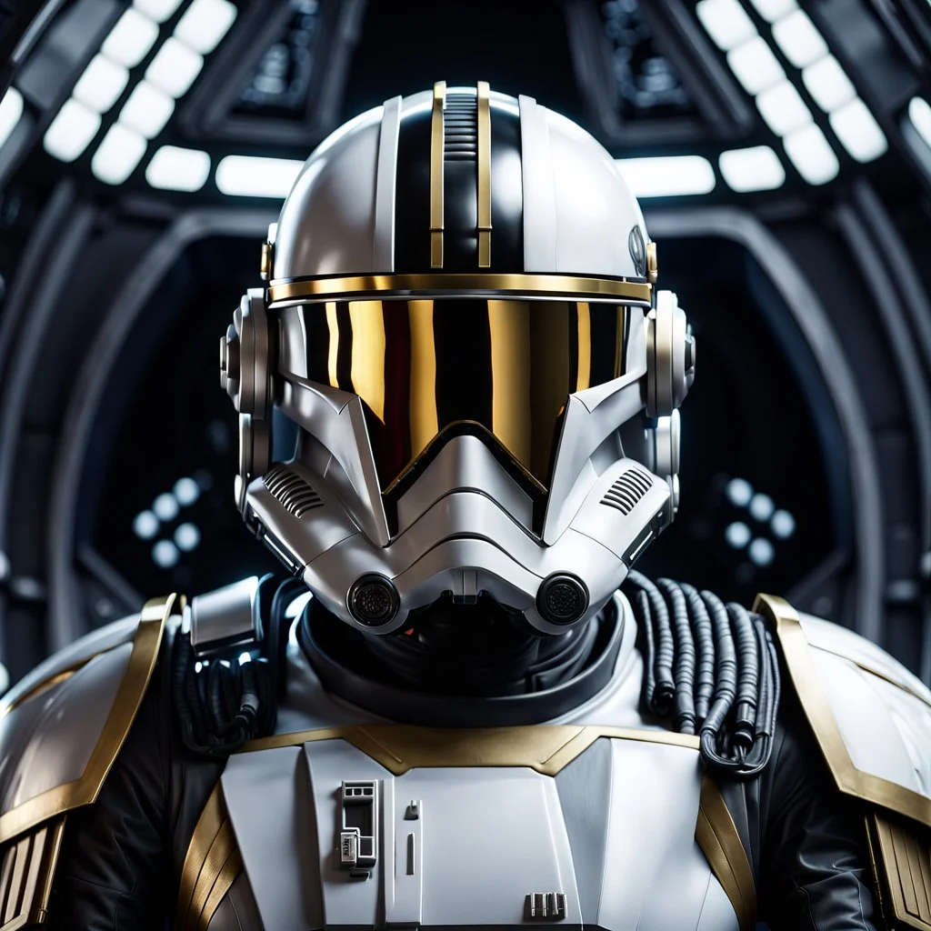 star wars bald male corellian pilot wearing gunmetal grey and black First Order TIE pilot armored flightsuit and helmet with gold trim inside the jedi temple, centered head and shoulders portrait, hyperdetailed, dynamic lighting, hyperdetailed background, 8k resolution, volumetric lighting, light skin, fully symmetric details