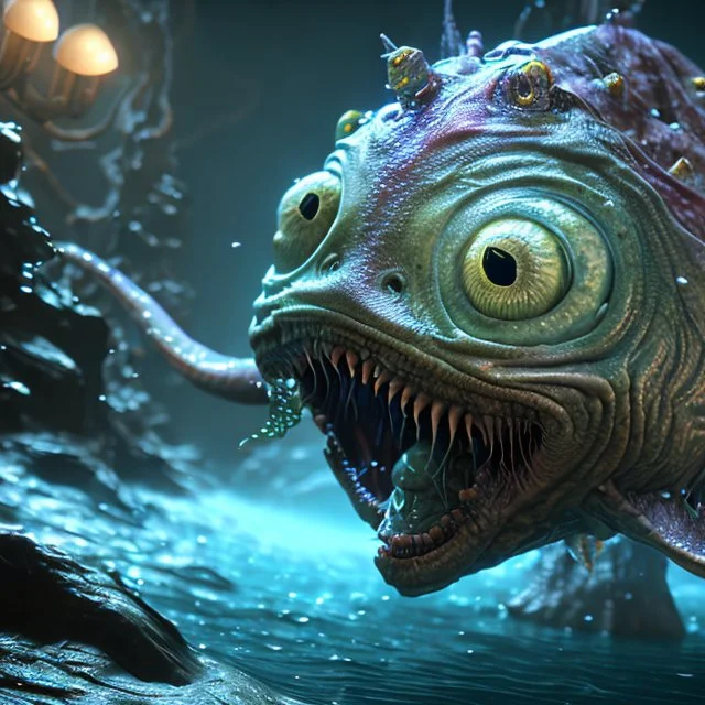 fluid ink angler fish creature, unreal engine 5, 8k resolution, photorealistic, ultra detailed