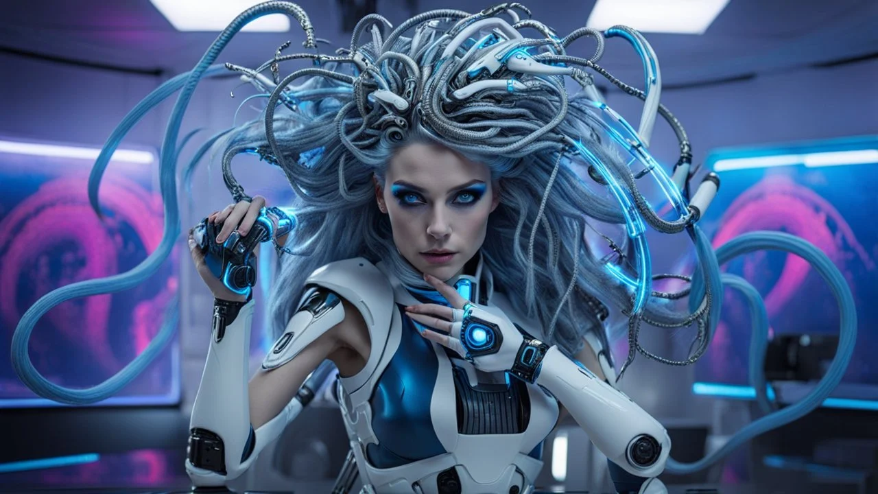 midle shot from An android-mutant woman with long white-blue swirlings plastic, neon and metal hair, a biomechanical mutant with sky-blue eyes, white shiny robot body with some blue led, she name the AI-Medusa looking at camera. The woman with like snakes of hair, the wirling with blue-white hair, she stands in the futuristic office, stunning, mystic and sci-fi mix creature, high detalied, sharp focus, perfect beauty, professional photo