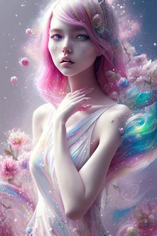 pop manga, woman, pink hair, colorful, watercolor splash, white dress, rainbow flowers, in the style of Camilla d'Errico, hyper detailed, beautiful, complex, trending on artstation, cryengine, national geographic photo, chiaroscuro