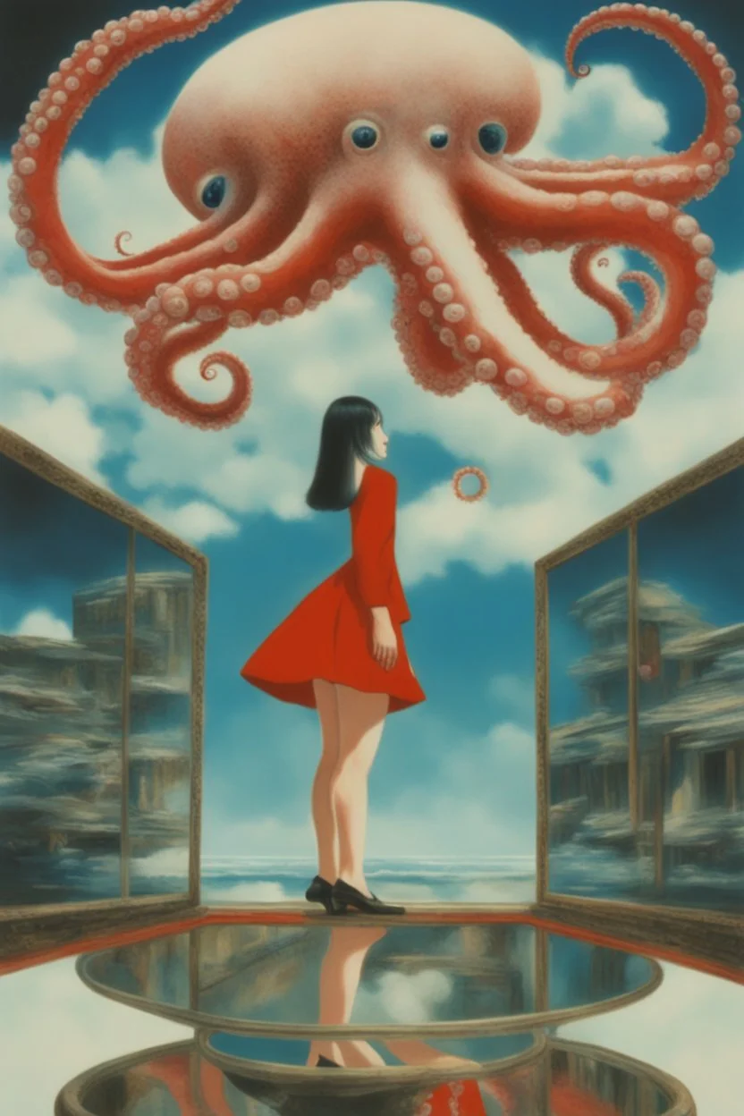 girls leg, Octopus وcloud in blue sky, a red lip, collage art, shuji terayama, dreamy objects, surreal, criterion collection, showa era, intricate details, mirror