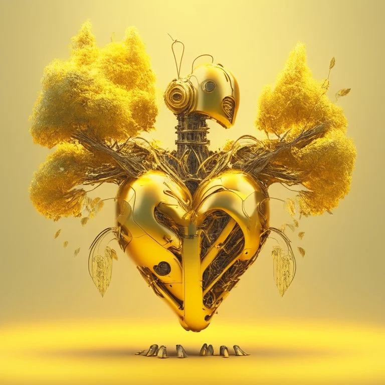 golden robot electric heart with tree wings