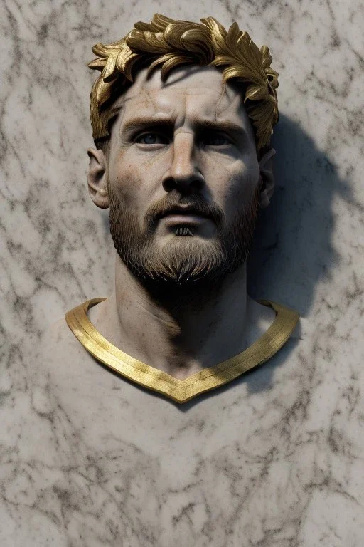 Ultra Realistic image, Roman sculpture, clean white marble material, Lionel Messi, gold Laurel leaves wreath, renaissance ornaments, one gold star, blue sky background, waist up portrait, epic, cinematic lighting, god light, 4k resolution, smooth details, soft lighting, unreal engine 5.