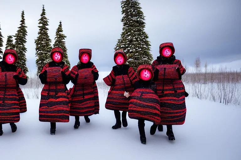 One Northern Native Gaffer. Indigenous, birch-bark face-cover, Kekripukki, carrying drums made of birch-park, Scary Horns, Midwinter, Ghost, Mystic, Haunted Children, The children are dead, Witch, Wizard, Sage. Traditional Costumes are white with red ornaments and patterns. Faces are painted with purple and green. Arctic Hills, Strange trees, Haunting Atmosphere, Crazy, North-Carelia, Karelia, Karjala, Karjalainen, traditional Carelian costumes, dripping black tears from his face