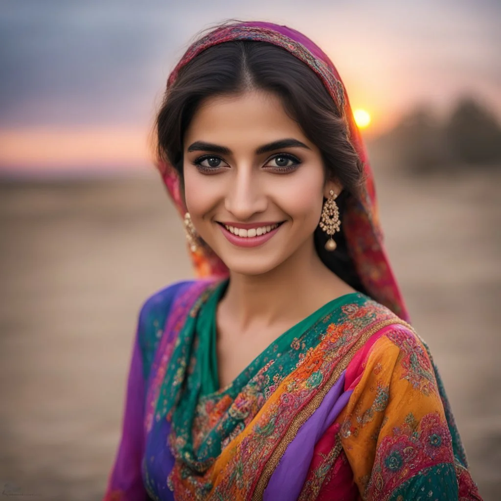 Pakistani Pukhtoon young-woman smiling & has beautiful black-eyes with simple colorful dress at cloudy sunset