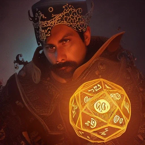 Insanely detailed photograph of an “ a mustachioed mariachi focusing on a glowing D20” with intricately detailed Sombrero, intricate armored charo, hyperdetailed painting by Ismail Inceoglu Huang Guangjian and Dan Witz CGSociety ZBrush Central fantasy art album cover art,8K, hdr, mysterious, flickeringlights ,Stoic