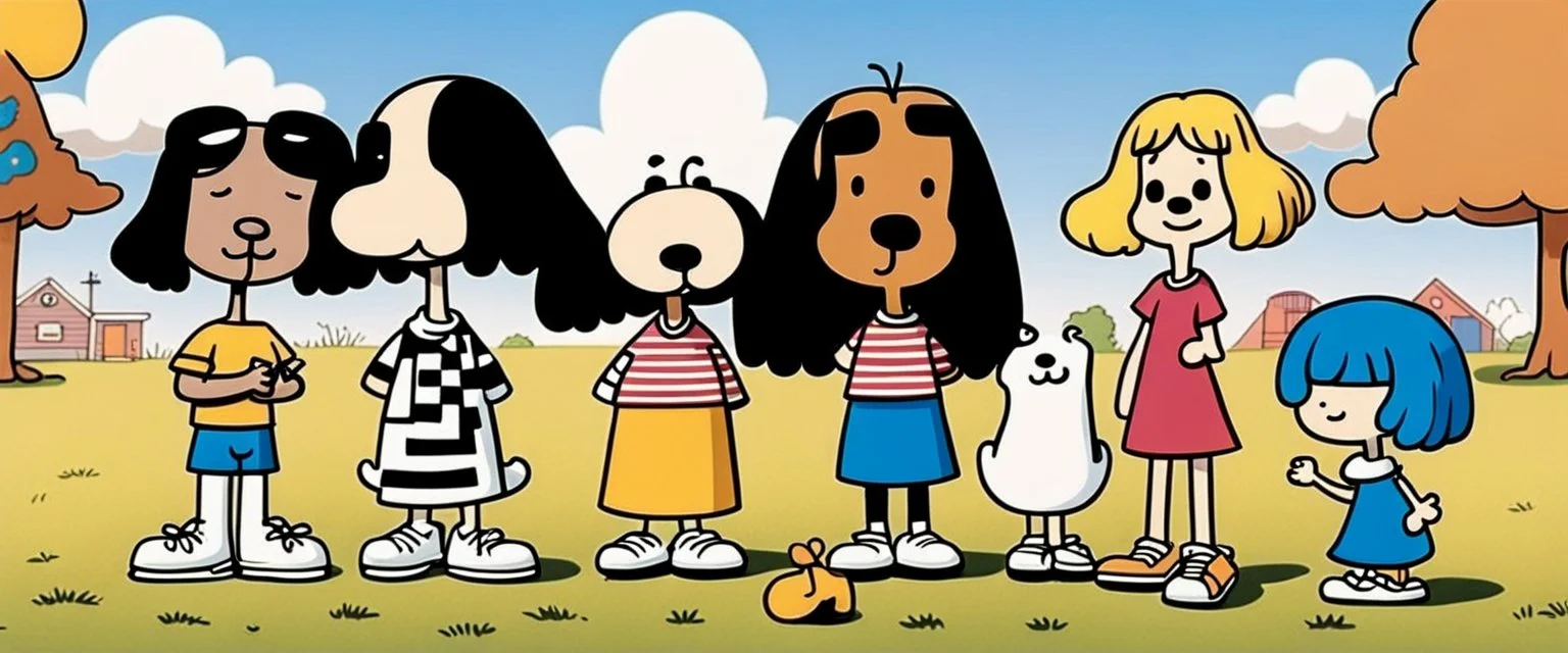 Snoop Dog and Woodstock, owner Charlie Brown, his sister Sally, best friends Linus & Lucy van Pelt, tomboy Peppermint Patty, her friend Marcie