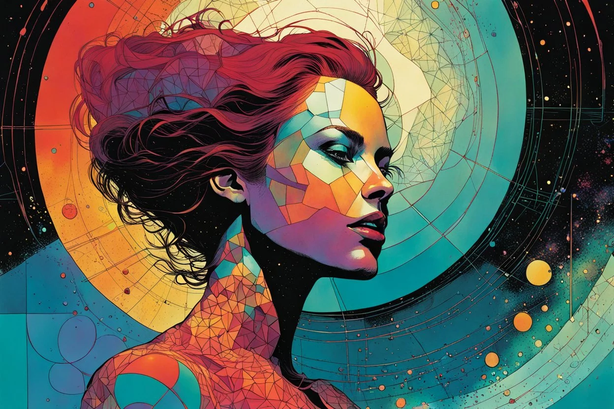 create a wildly abstract and chaotic illustration of an amorphous woman utilizing elements of Sacred Geometry, in the comic book art style of Bill Sienkiewicz, Mike Mignola, and Jean Giraud Moebius, finely textured, drawn, colored, and inked