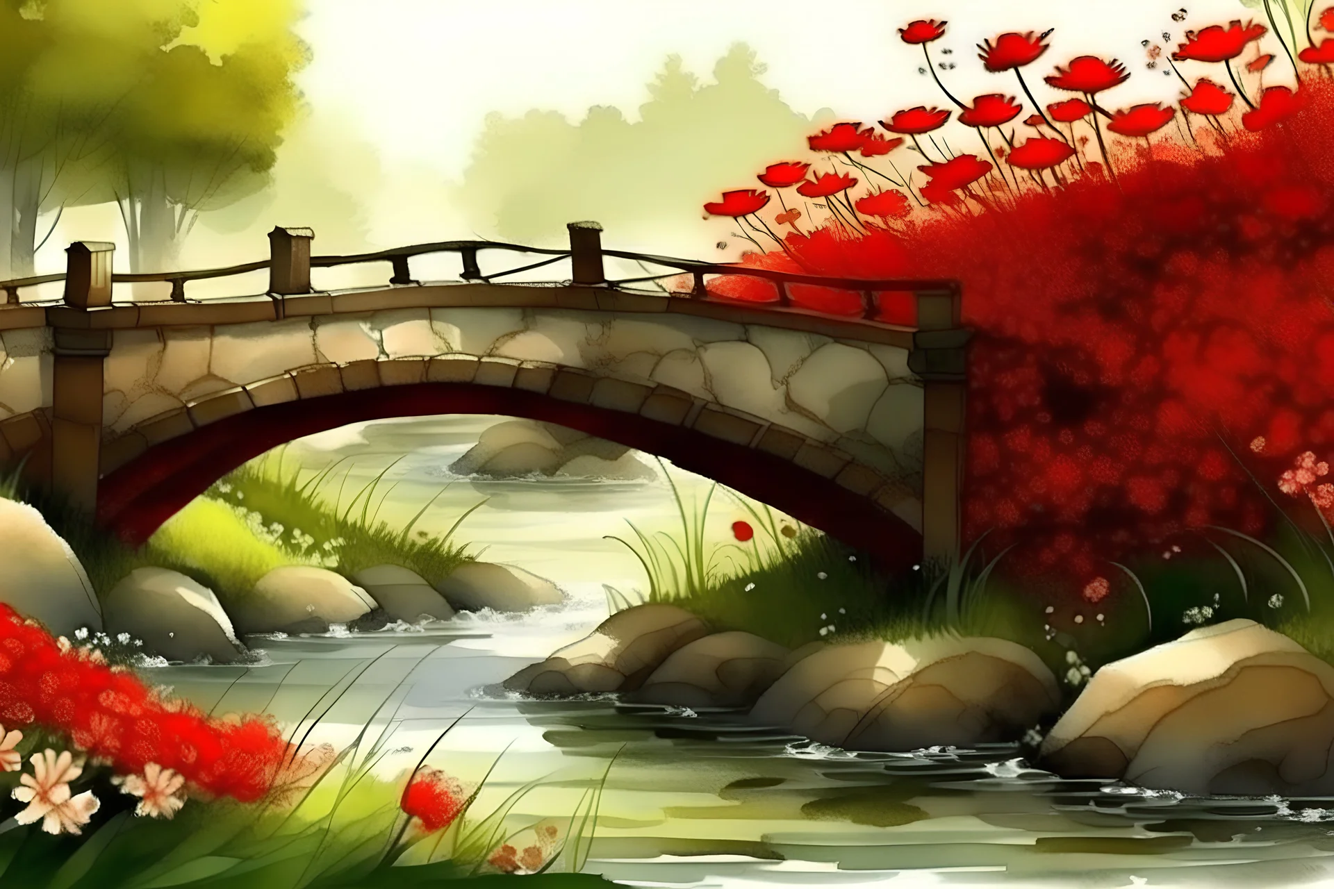 Vista lateral de un puente sobre un arroyo, flores rojas en la orilla, fantasía medieval, alto nivel de detalles, dibujo en acuarelas