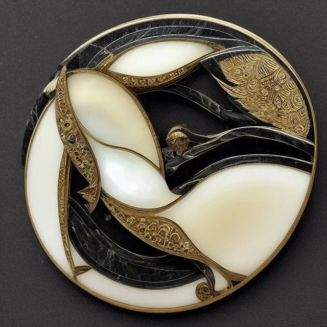 coaster of kingfisher ivory brooch with black pearl inlay, opalescent marble carving, decorative design, classical ornament, highly ornate, highly intricate, highly detailed etching, marble carving, warm lighting, linen backdrop