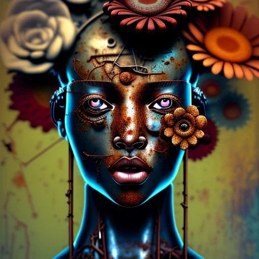 an abstract painting of rusted metal and flowers, afro portrait, rust, scaffolding, iron cladding, decay, mixed media, textured, anatomically correct, beautiful perfect face, sharp focus, highly detailed