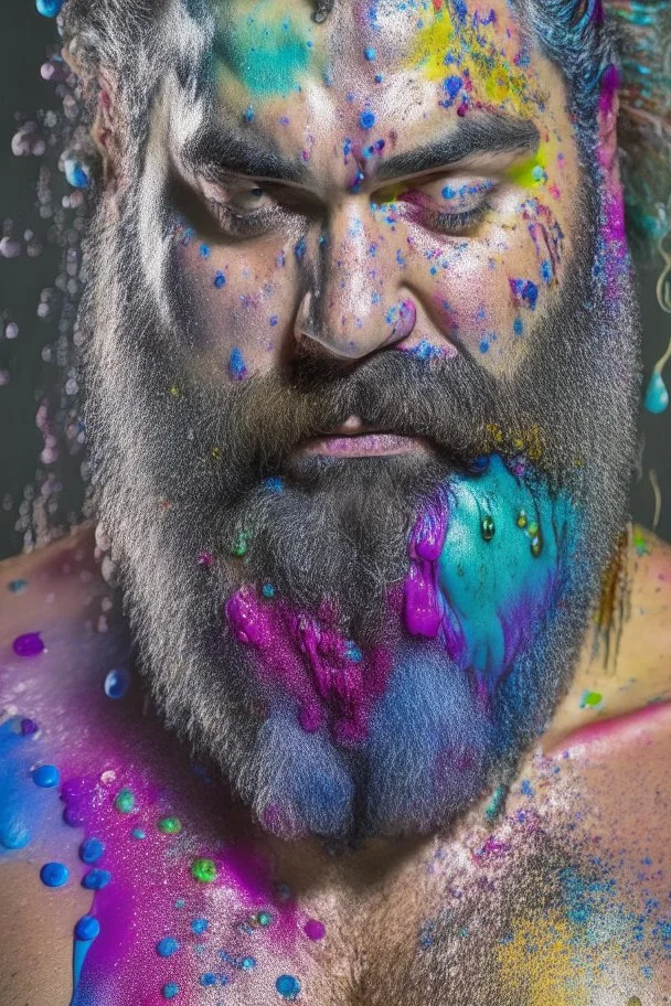 full body shot photography of a spanish burly bearded man 44 years old crossed arms, sweat wet muscular beefy, swimwear, face with big drops of multicoloured paint, curly beard, big drops dripping, big ripples of multicoloured paint, big drops on the face, eye-to-eye, dripping multicolored paint, bullneck, long curly hair dripping, photorealistic, strong top light, ambient occlusion , view from the ground