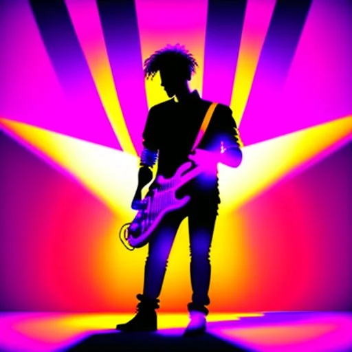 The silhouette of a musical performer in the spotlight. - very noticeable shadows - very realistic details - style: "synthwave"