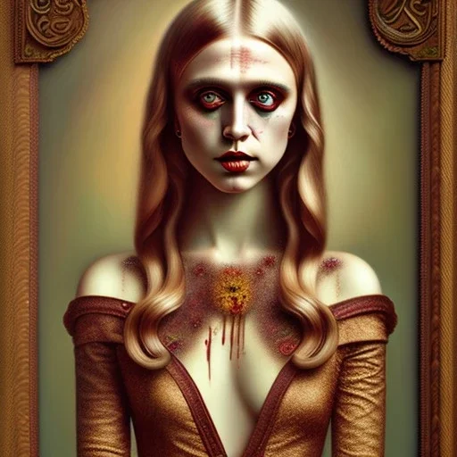 singer Danish MØ face, style surrealism by <Mark Ryden>, blood, hair guts, darkred tones,