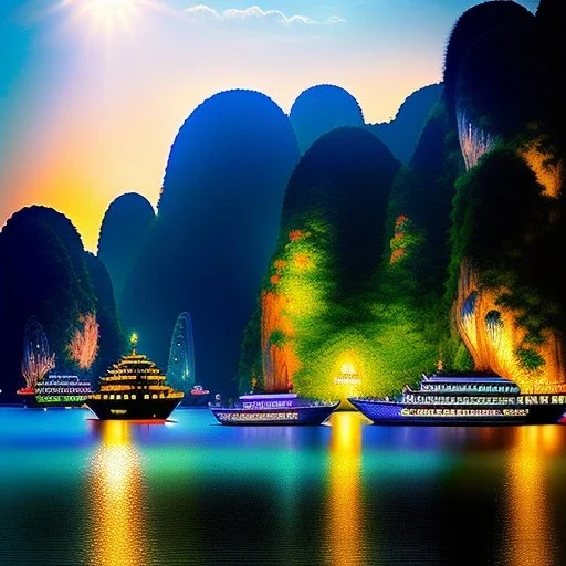 Ha Long Bay, Vietnam,boats,extremely detailed digital painting, high resolution,8k, realistic, beautiful, volumetric lighting, mystical colors ,perfectly centered image, perfect composition, rim light, beautiful lighting,masterpiece, stunning scene, raytracing, anatomically correct, in the style of robert e howard and Ken Kelley and Ohrai Noriyoshi and Simon Bisley and tomzj1, aerial view,cloudy.