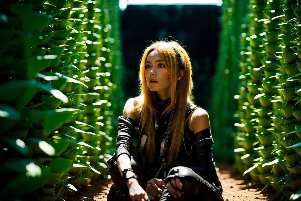 Unground solar punk tunnels, cinematic, dof background a, dystopian, sci-fi, award winning, Yui in a garden, National Geographic, breath taking, oxygen farm but outside is a desert, fantasy, magical