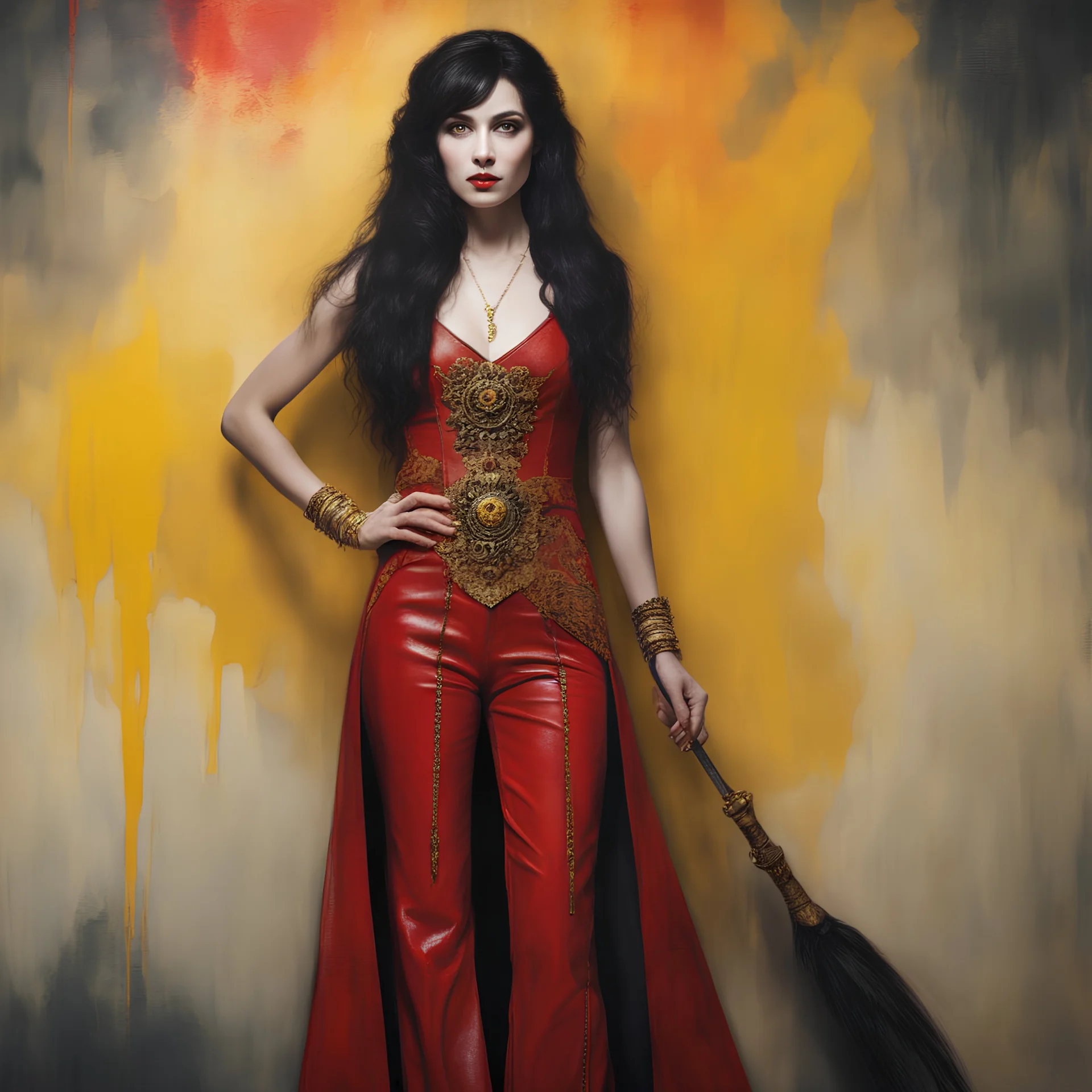 a beautiful black-haired female vampire Queen, wearing a red leather sling suit with a gold/yellow bat emblem on the lower half, dark, multicolored watercolor stained wall in the background, oil painting in the art style of Gilbert Stuart, 32k UHD, Hyper realistic, photorealistic, realistic, sharp, highly detailed, professional quality, beautiful, awesome, majestic, superb, trending on artstation