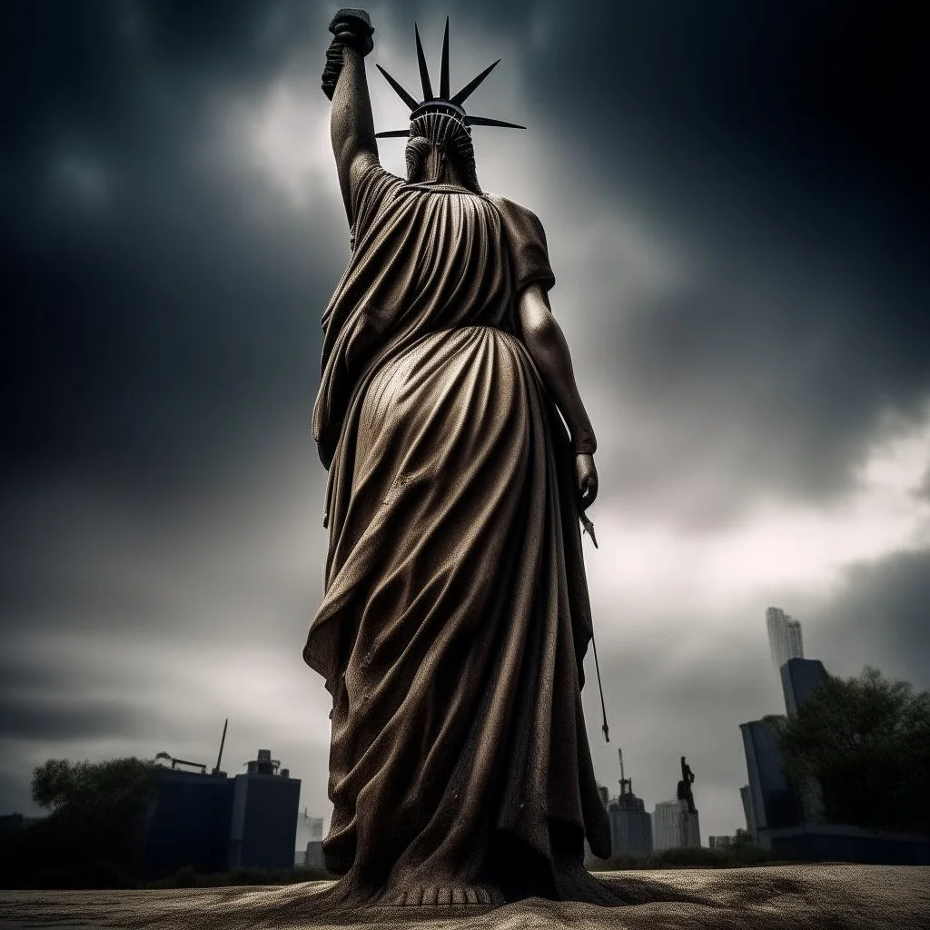 the statue of liberty, dress dirty and torn, her face solemn and terse, trash littered at her feet, she holds a crumpled american flag, she walks away with back turned under a dark and dreary sky, wide angle
