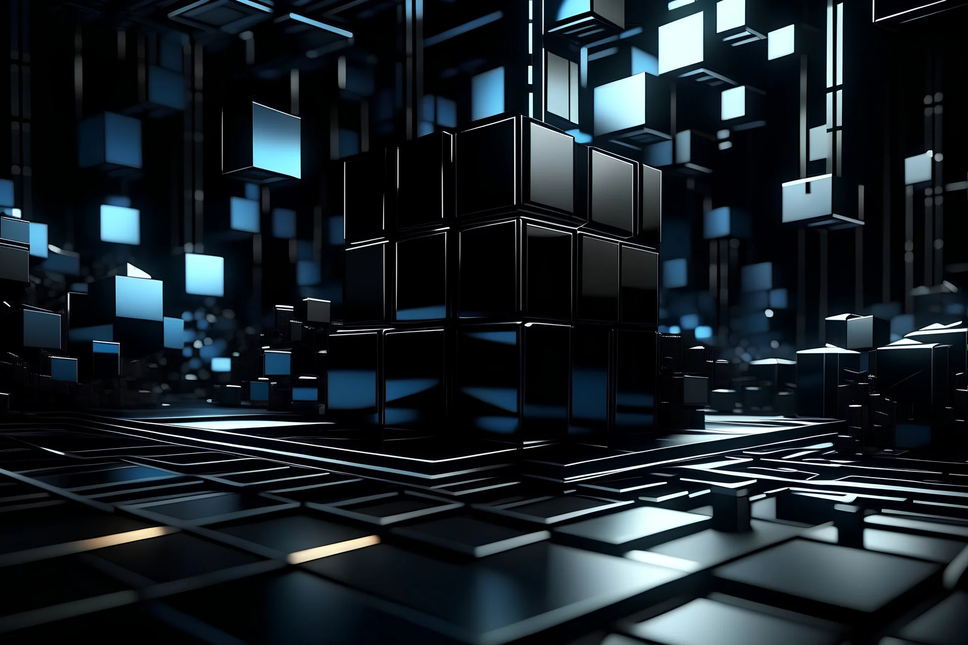 hyper crazy aluminum diorama art of the matte black cubes squares circles triangles glowing lines motion blur depth of field dark metallic colors black light from the left and back hyper shadows octane render
