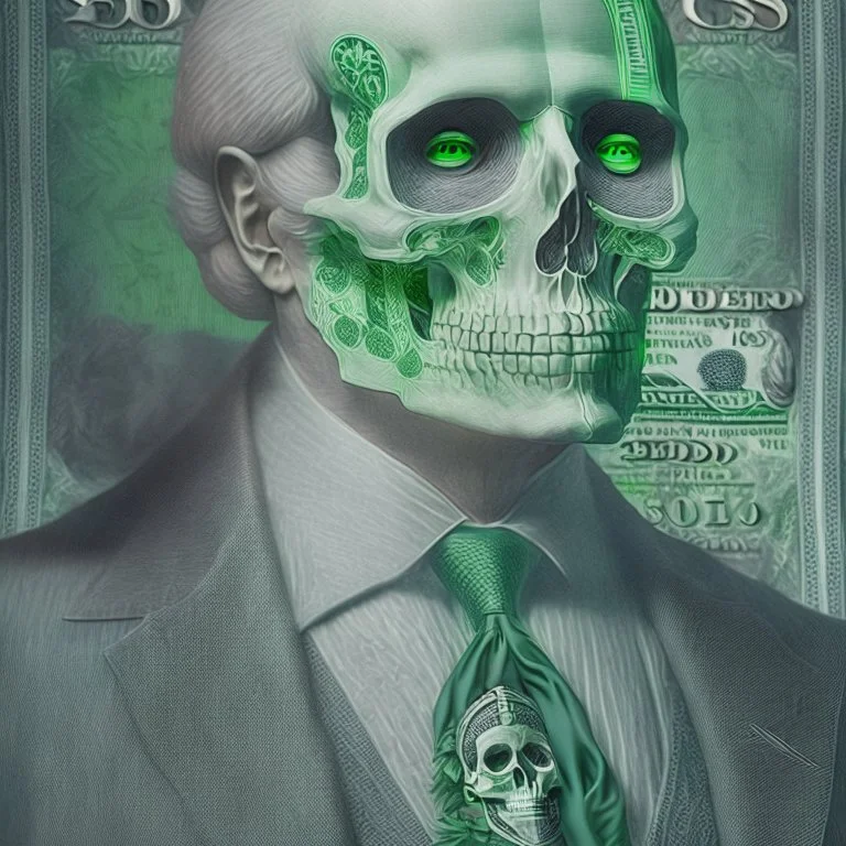 a head and shoulders portrait of a skeleton dressed in a three-piece suit as the president of the united states, based on us currency, united states one dollar bill, shades of green, real-life, colors match the united states one dollar bill, realistic, robotic,