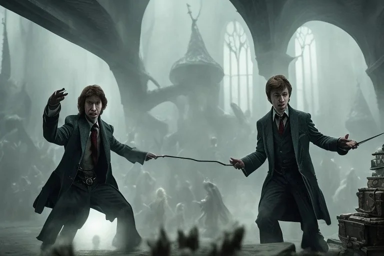 scene from harry potter and the order of the phoenix, dynamic lighting, dynamic movement, Sirius Black, Harry Potter, Remus Lupin, magic, 8k resolution, Voldemort, monochromatic, DSLR, panorama, complementary colours, splash of colour, hyperrealism, 8k resolution concept art, intricately detailed, film still