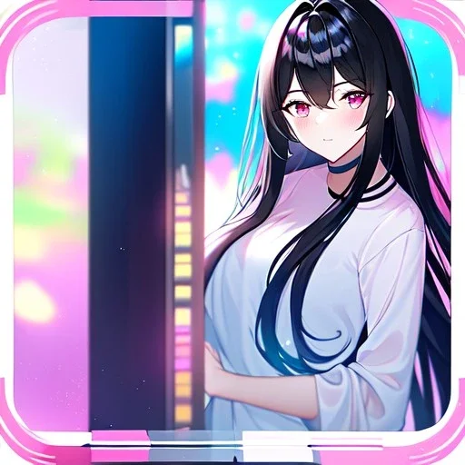 Clear focus, 8k, beautiful lighting, vibrant colors, girl, black hair, long hair, pink eyes,