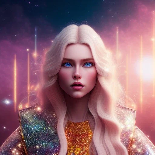 white woman glitter long blond hair blue eyes in a galactic ambiance, delicate colors in the foreground, full of details, smooth, light effect，vaporwave colorful, smooth, extremely sharp detail, finely tuned detail, ultra high definition, 8 k, ultra sharp focus