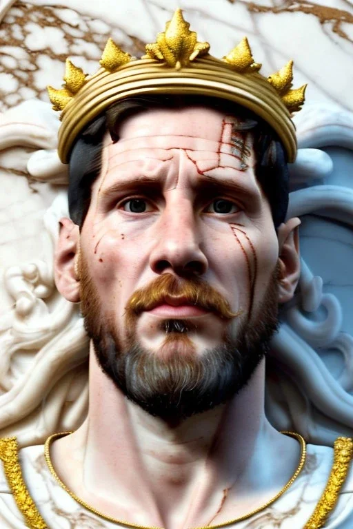 Realistic image, Baroque bas relief sculpture made in white marble with gold veins, Lionel messi with gold laurel leaves crown, decorative star on the chest, waist up portrait, marble material, gold ornaments, Baroque style, sun rays background, epic, celestial, cinematic lighting, God lights, 4k resolution, smooth details, soft lighting, unreal engine 5, art station, substance 3d.