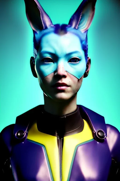 Medium Close Up Portrait, Front image. cyberpunk, rabbit mask, asian woman, cyber hair. Latex suit army. white, yellow, color. Wolverine style. Color background, photo studio. Avatar image, highly detailed, concept art, smooth, unreal engine 5, ray tracing, RTX, lumen lighting, ultra detail, volumetric lighting, 3d, finely drawn, high definition, high resolution.