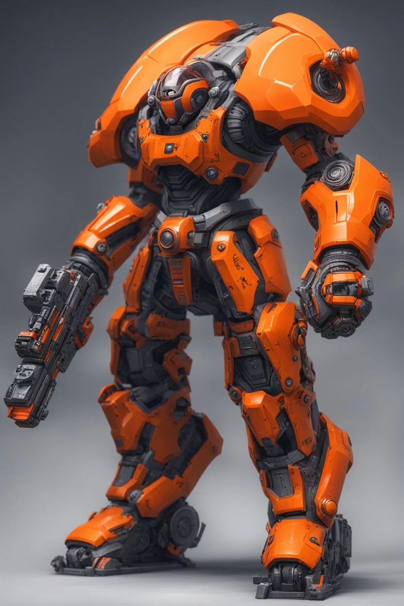 orange futuristic juggernaut with dual plasma battle axe and 4 plasma canon in the back