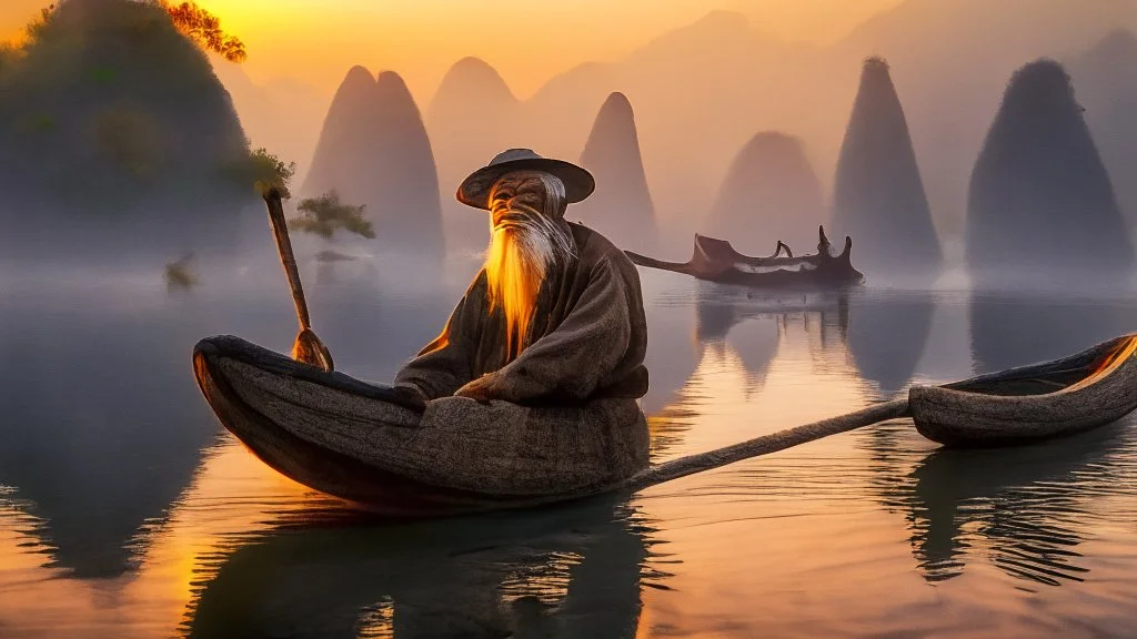 Old fisherman at guilin china on morning sunrise