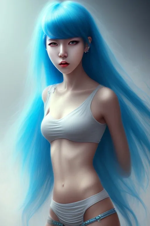 k-pop girl, dramatic lighting, blue hair, hd, action pose