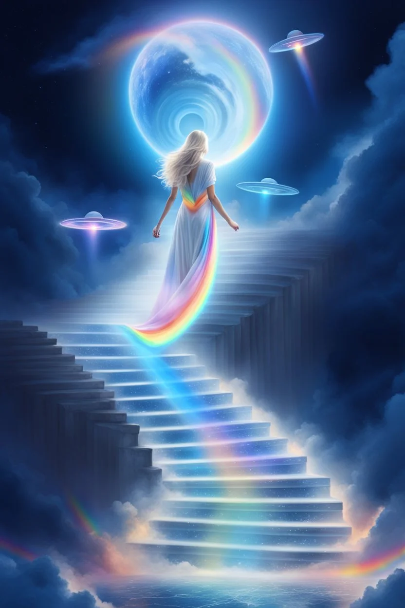 fantastic,Beautiful woman, stairway to heaven whit rainbow, ufos arc en ciel futuriste très beau