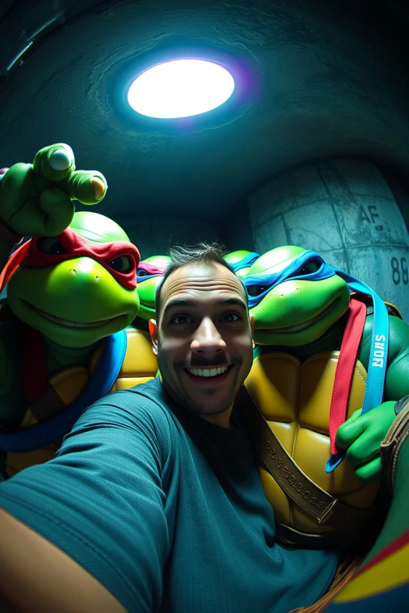 Super realistic 9:16 3D vertical format fisheye selfie with me with Teenage Mutant Ninja Turtles. They appear like in 1990 original movies. We look so cool. Laid in a dim little room, like in a sewer. High camera angle. Extreme fisheye distortion. Realistic cinematic lighting, characters integrated with stylish realism. Make them very realistic and in 3D