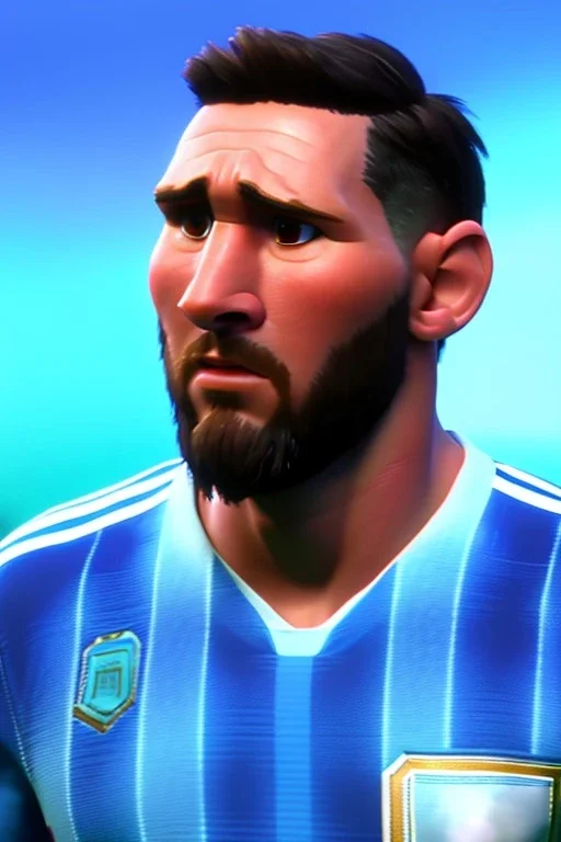 Realistic Messi Argentina soccer player Portrait, mid shot low view, concept art, art station, 3d, photo studio, blue clean background, unreal engine 5, ray tracing, RTX, lumen lighting, ultra detail, volumetric lighting.