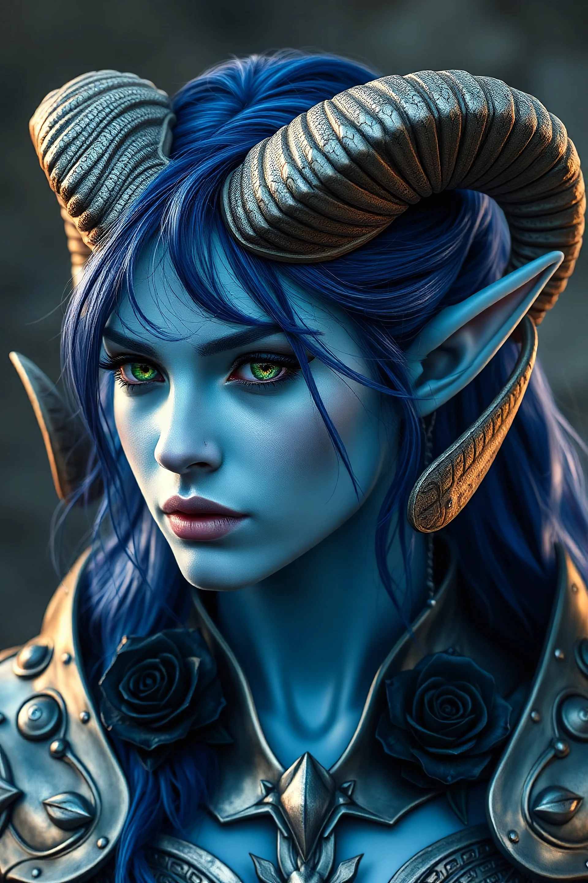 The captivating Elven woman with light blue skin and ram-like horns on her head with a powerful allure. Her nature is seductive and she wears armor of light metallic silvery plates, decorated with black roses upon them. He Indigo hair cascades down her neck and the sides of her face with a powerful seductive alluring face. Her eyes are a powerful emerald green.