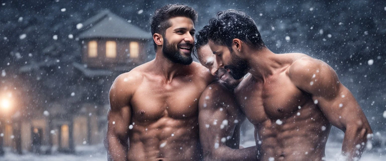 Hyper realistic shirtless muscular shahid kapoor hugging Justin timberlake at snowfall night